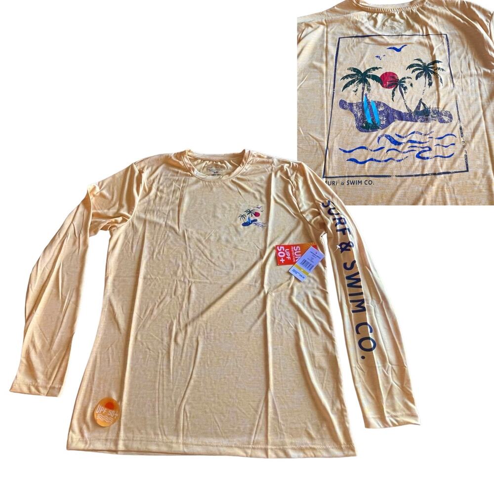 NEW Surf & SWIM TEE Long Sleeve MED Men's Womens Gold Palm Trees T Shirt UPF 50+